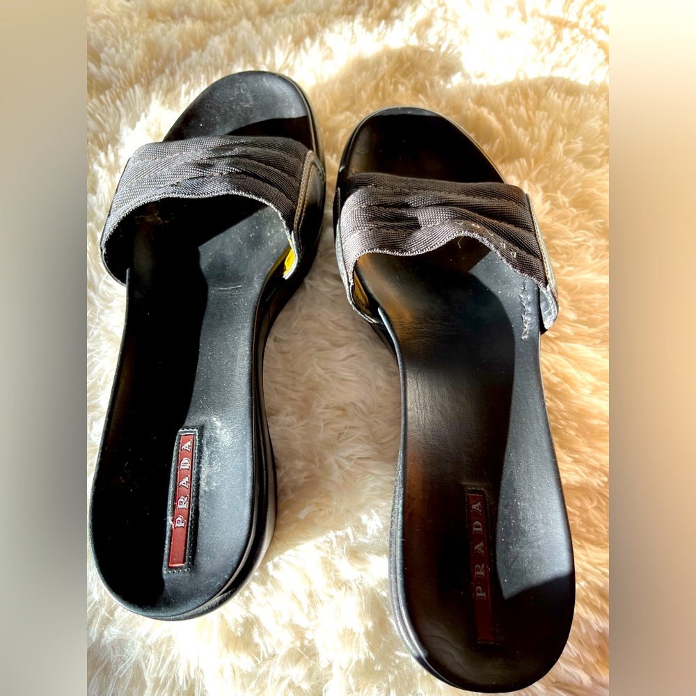 Prada size 9 black nylon top with leather lining and insoles.